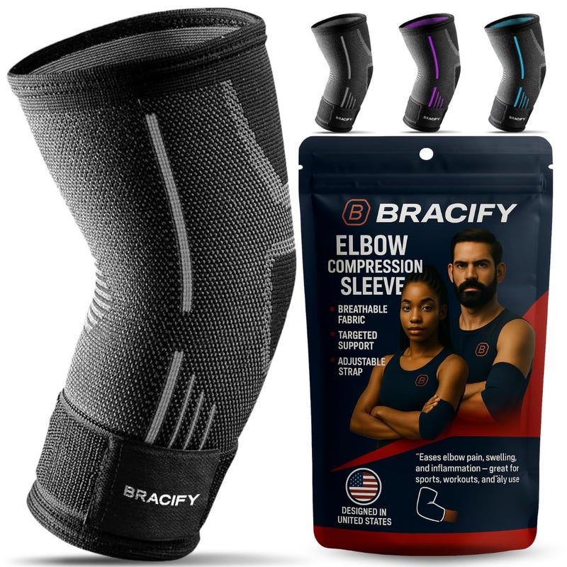 BRACIFY Elbow Brace for Tendonitis and Tennis Elbow for Women & Men, Arm Compression Sleeve for Arthritis, Workouts, Weightlifting, Reduce Joint Pain During Fitness Activity (Large) - Image 1